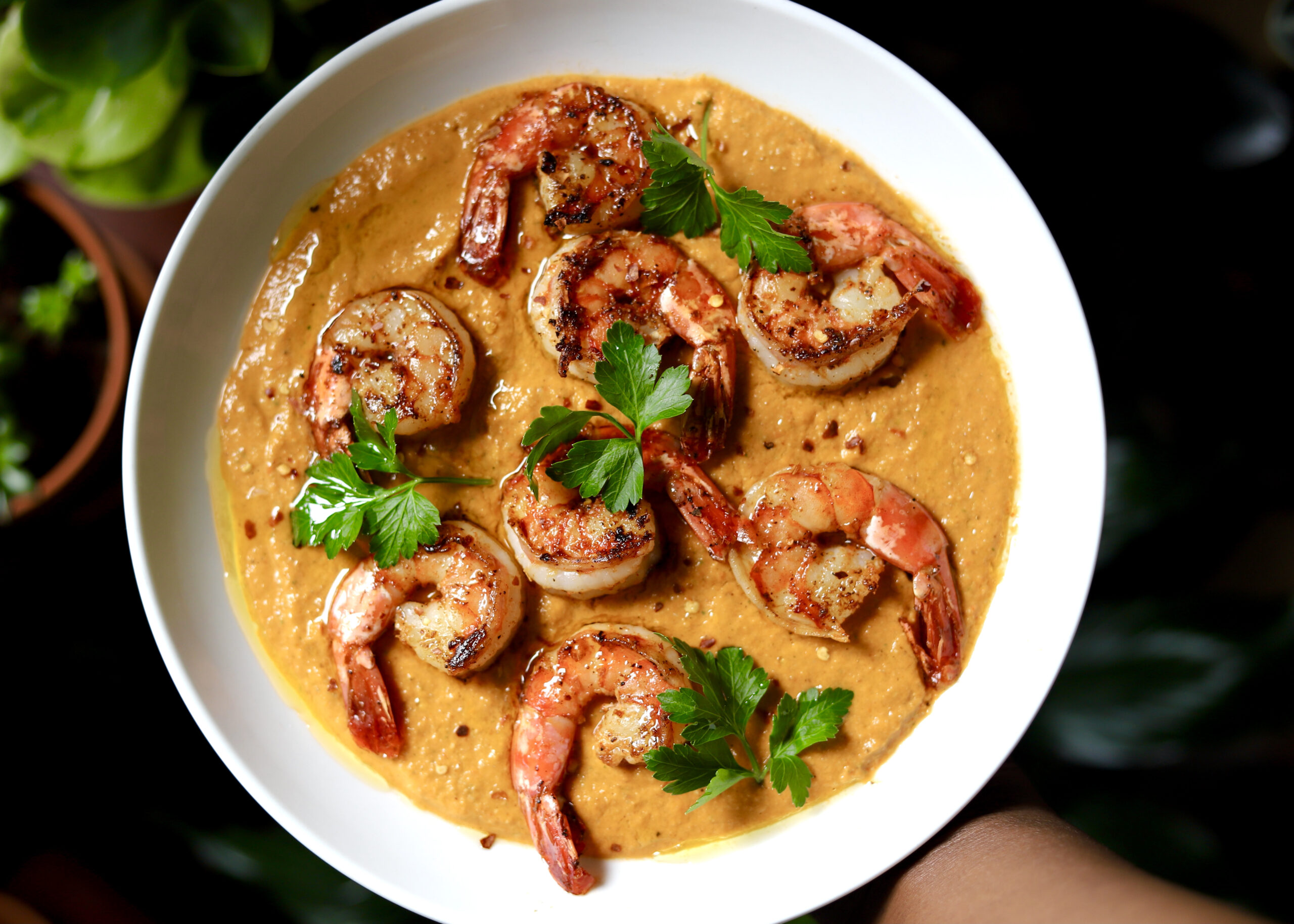 Cast Iron Pan-Seared Shrimp with Romesco Sauce